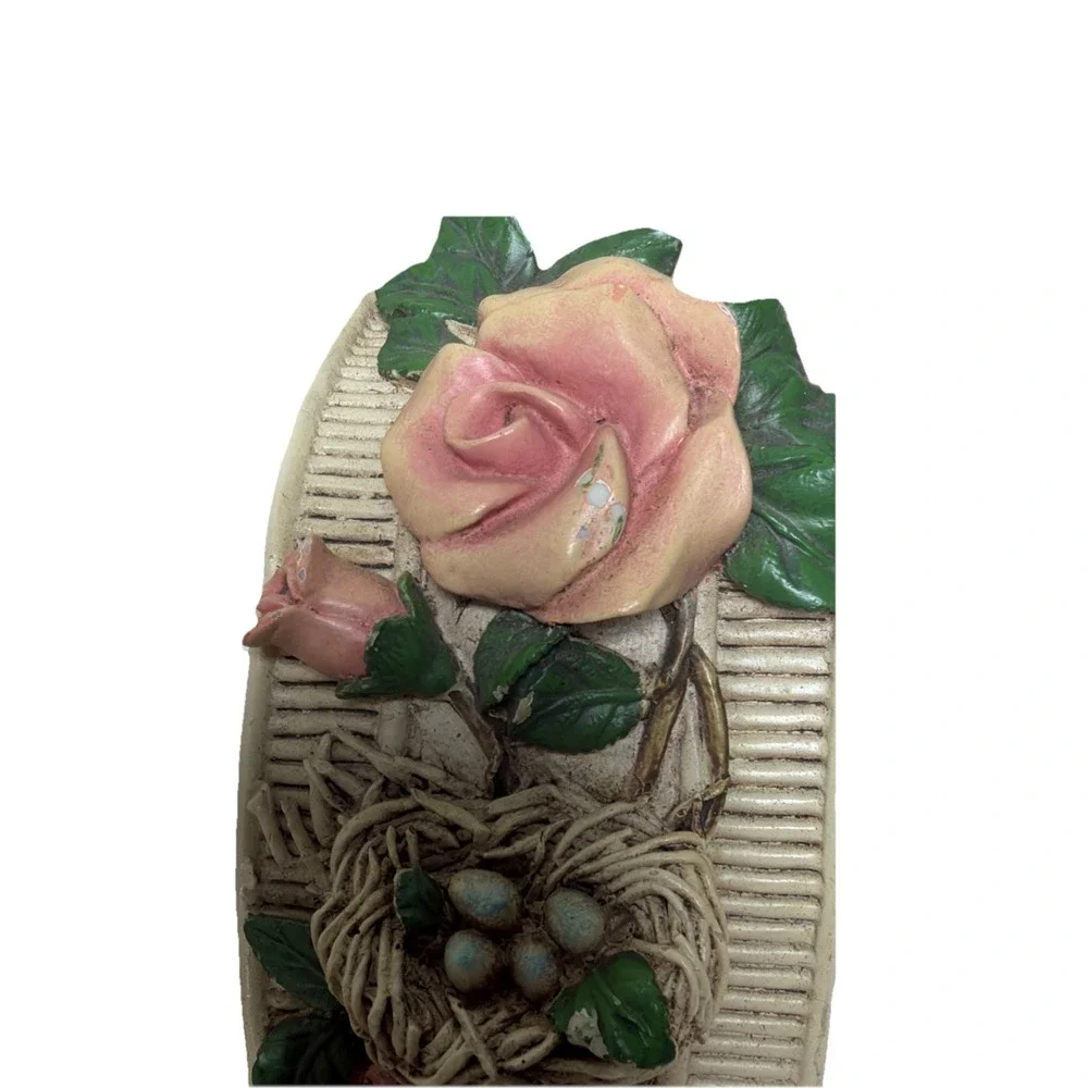 Drape Scarf Holder‎ Cream Gold Trim Red Rose Green Leaves Birds Nest w/Eggs 10in